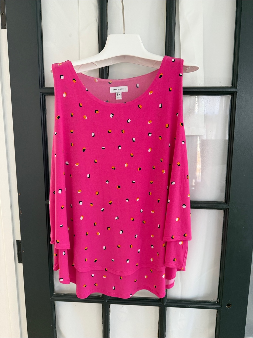 Susan Graver Fuchsia Scoop-Neck Top with Confetti Dot Print